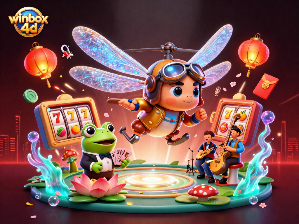 Experience the excitement of winbox 4d with colorful casino elements and characters in a lively setting.