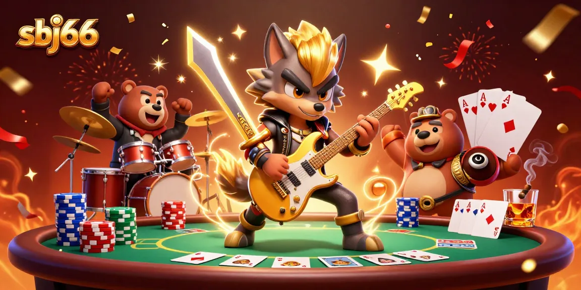 sbj66 showcases dynamic casino energy with rock star characters, poker elements, and vibrant lighting.