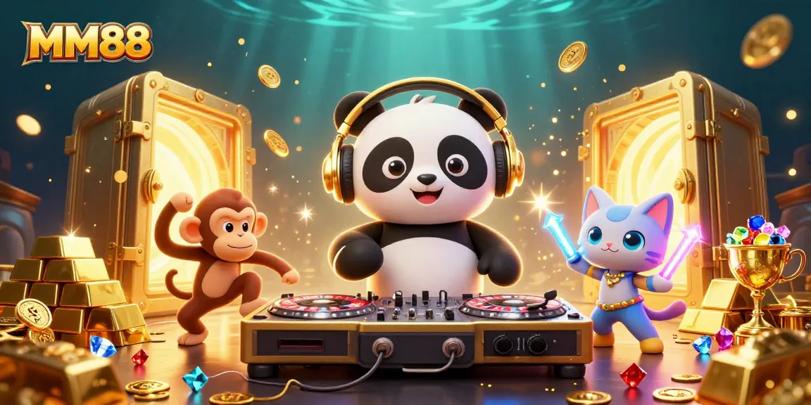 Engage with MM88's vibrant gaming scene featuring DJ panda, breakdancing monkey, and dancing kitten.