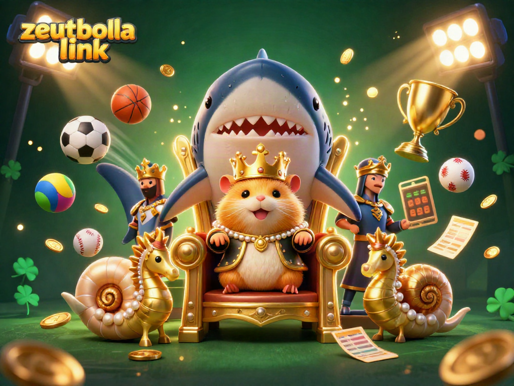 Experience the excitement of zeusbola link amidst a dynamic casino scene featuring a golden hamster king and sports elements.