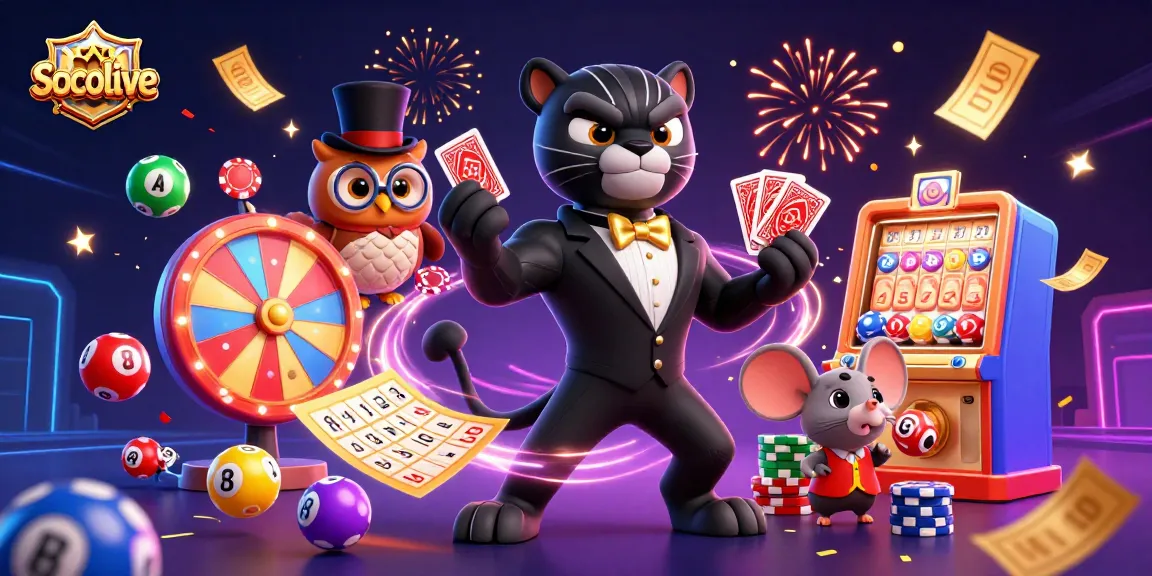 Socolive delivers thrilling gambling with a stylized black panther dealing cards and vibrant gaming elements.
