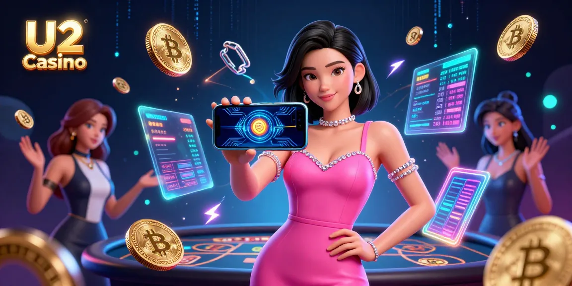 Engage with U2 Casino; a vibrant 3D digital illustration of a confident woman gaming with crypto elements.