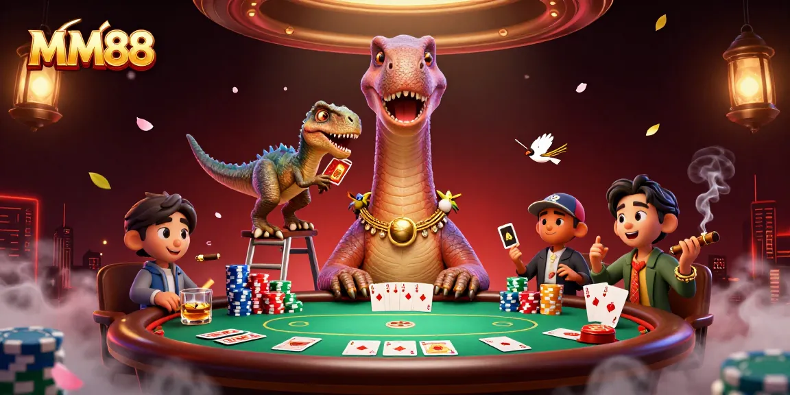 Join MM88 at a vibrant poker scene where a brontosaurus and clever raptor create a lively atmosphere.