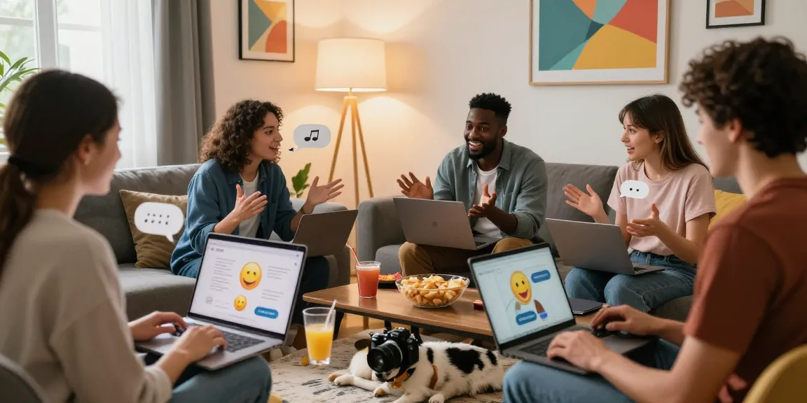 Friends engaging in شات فله online chat, vibrant living room with snacks, cozy atmosphere.