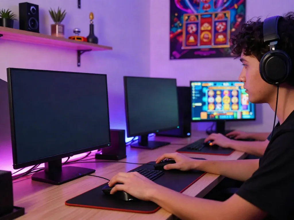 Player engaged in ทดลองสล็อต game at a colorful LED-lit gaming setup.
