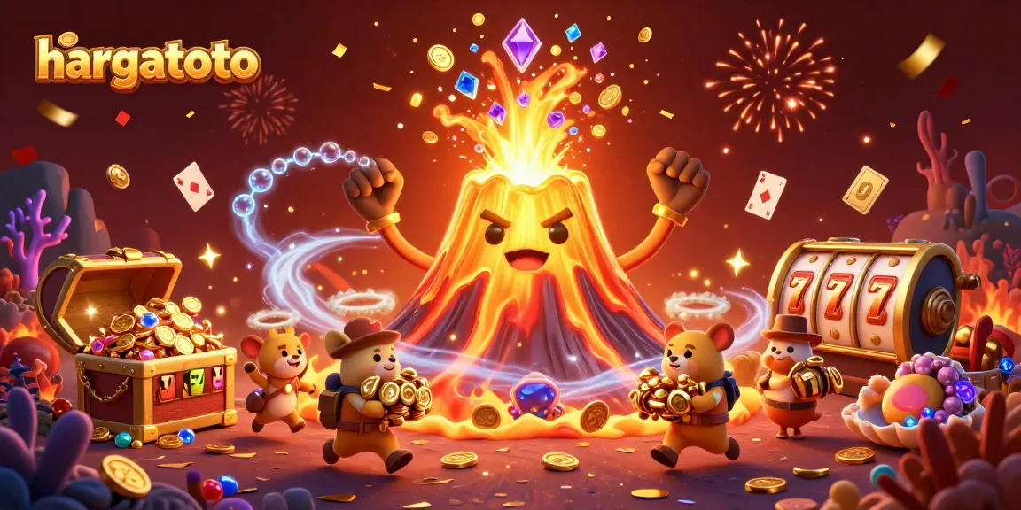 Experience thrilling wins at HARGATOTO, featuring animated treasures and casino elements in an exciting scene.