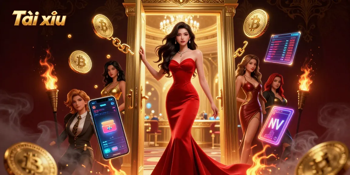 Play Tài xỉu with beautiful Asian woman at a luxurious casino doorway, vibrant and dynamic.