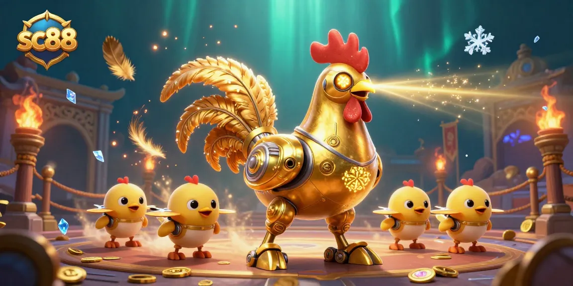 Engage with sc88's thrilling gaming adventure led by a golden rooster robot and baby chick drones.