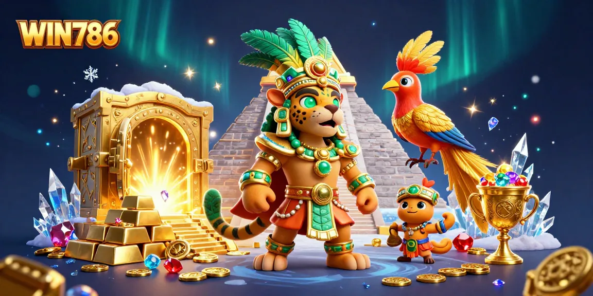Experience the vibrant world of WIN786 with a Mayan priest and golden treasures surrounding players.