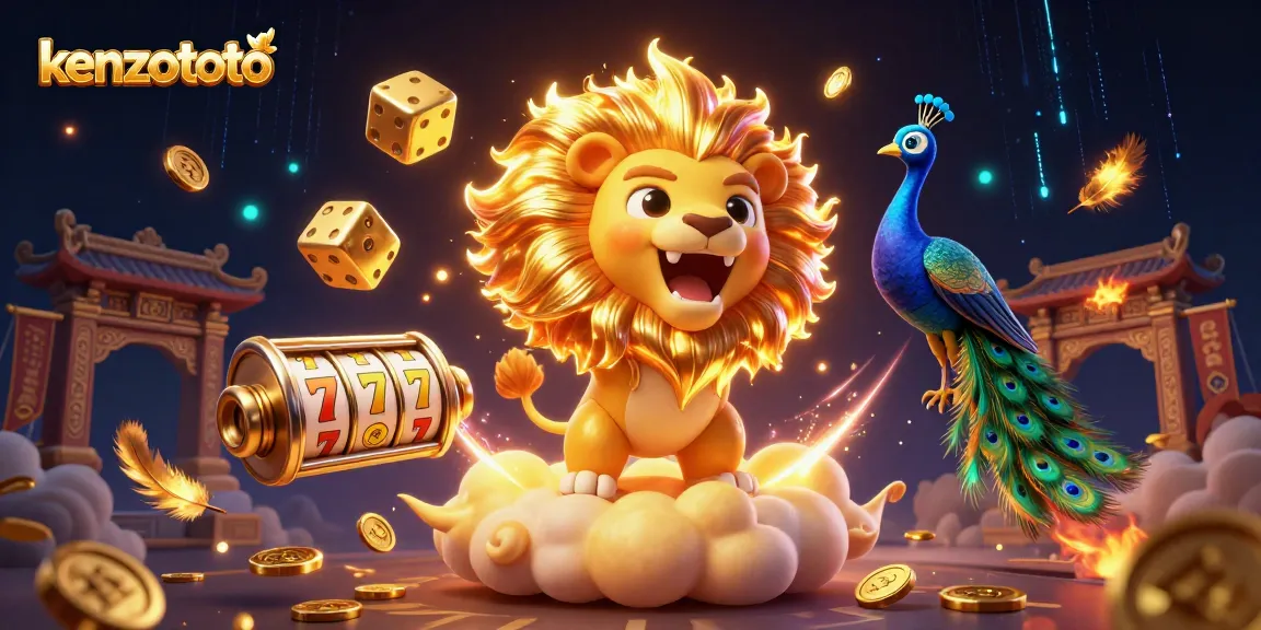 Engage with kenzototo, where a roaring sun lion, golden dice, and vibrant game elements create an exciting online casino atmosphere.