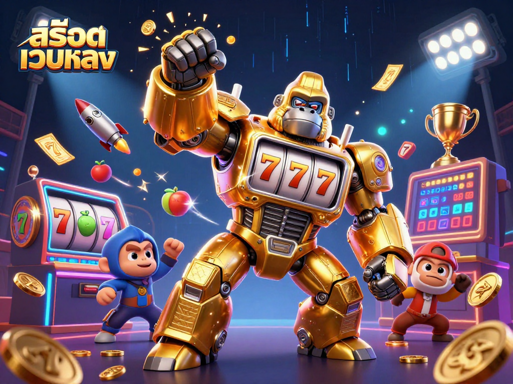 Immerse in สล็อตเว็บตรง gaming with a dynamic gorilla mech, slot reels, and thrilling casino elements.