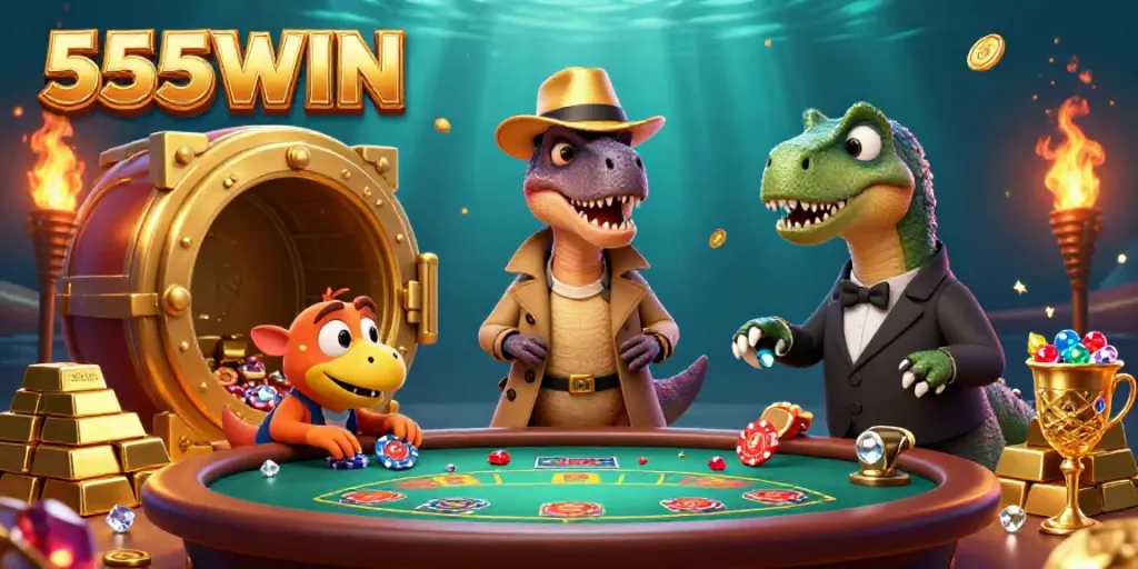Experience the thrill of 555WIN with vibrant casino elements and dynamic characters.