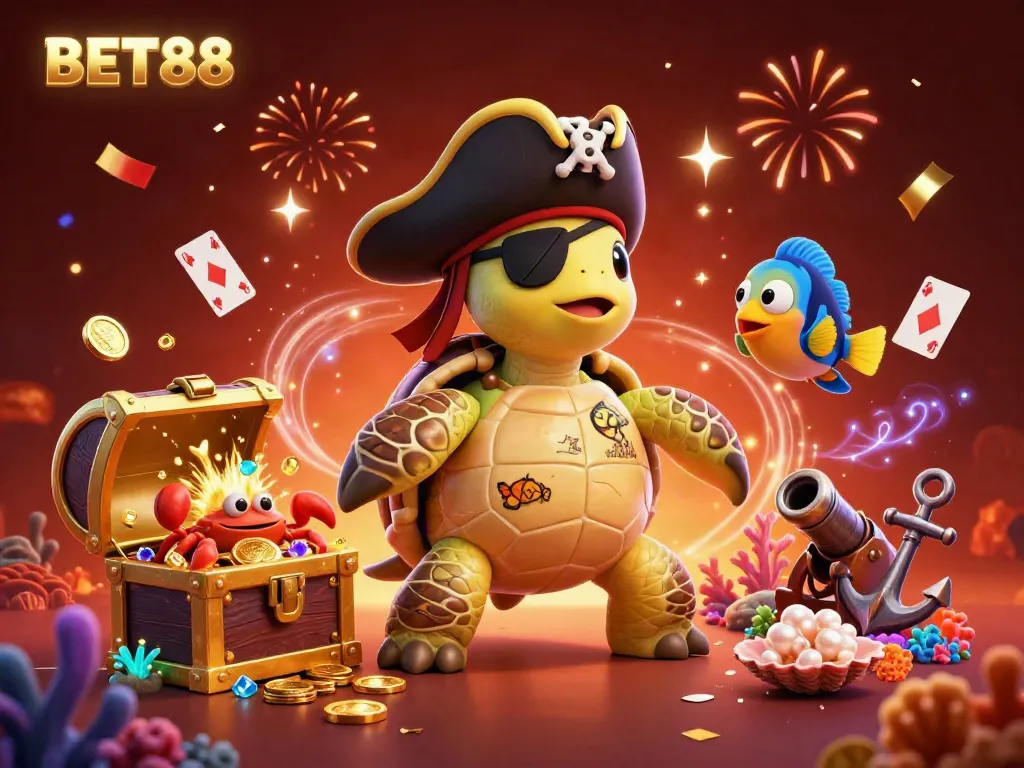 Experience the thrill of BET88 in this vibrant underwater casino scene with treasure and characters.