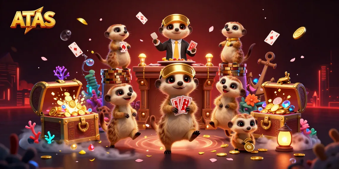 Engage with ATAS as meerkats run a colorful casino operation overflowing with coins and cards, vibrant 3D illustration.