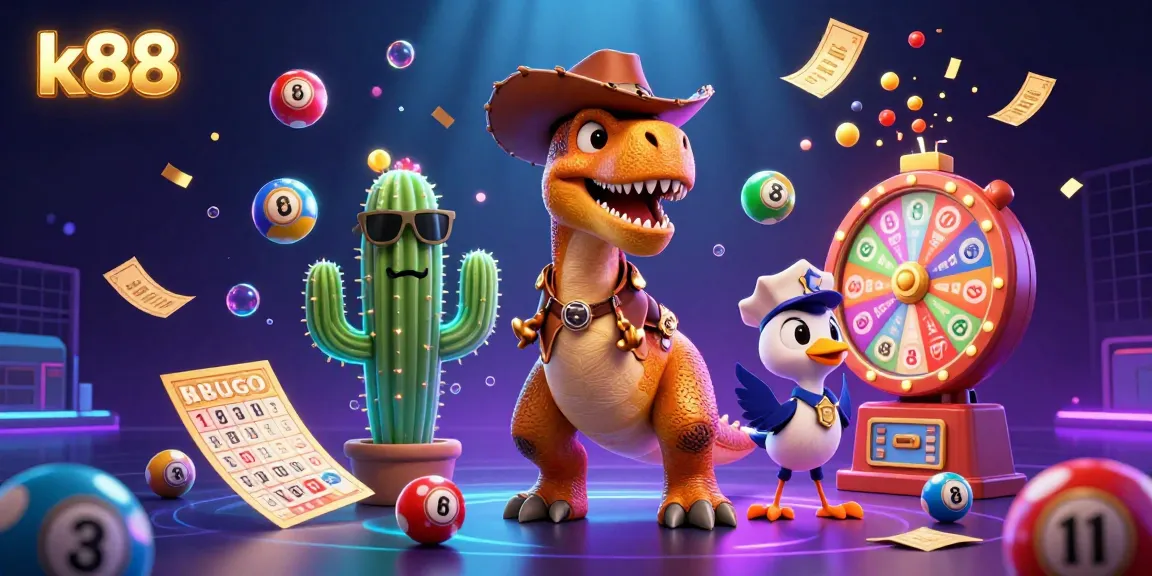 K88's T-Rex cowboy character celebrates lottery and casino wins amidst colorful game elements.