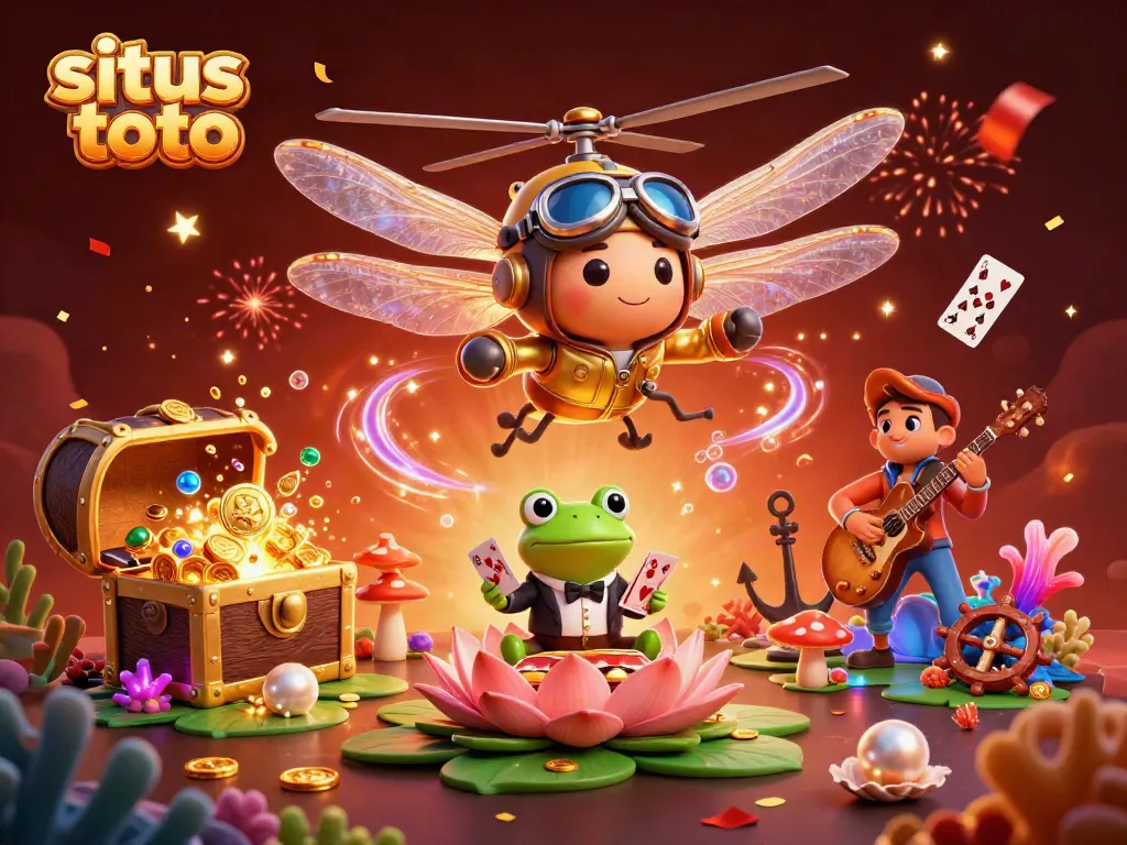 Gambaran situs toto dengan ilustrasi 3D, penyebaran koin emas dan elemen kasino yang meriah.