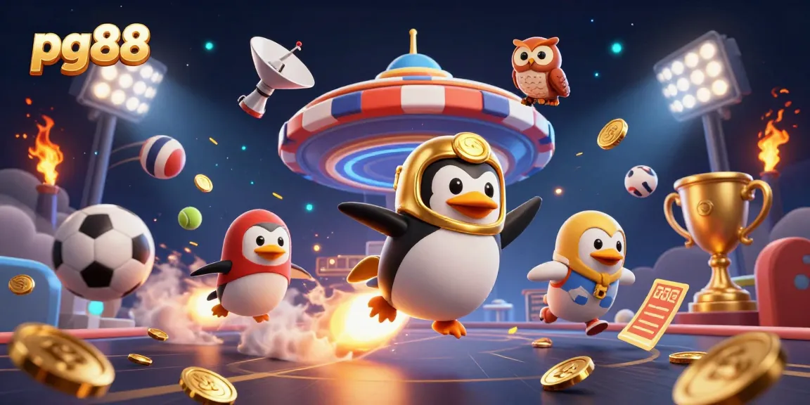 Experience the excitement of pg88 with a penguin rocket racing to a casino chip station in space.