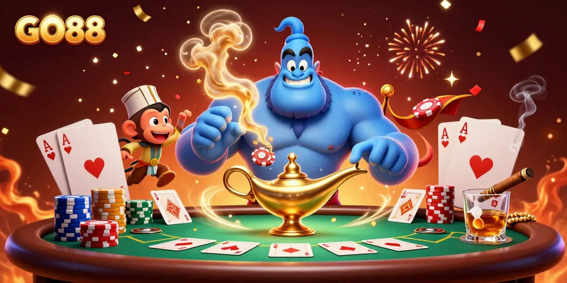 Experience the thrill of GO88 with a vibrant 3D casino scene featuring poker elements and characters.