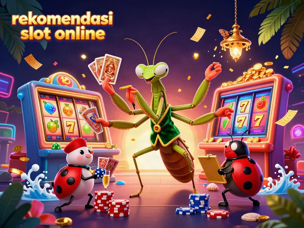 Grafik rekomendasi slot online menampilkan karakter dan elemen kasino yang dinamis dan penuh warna.