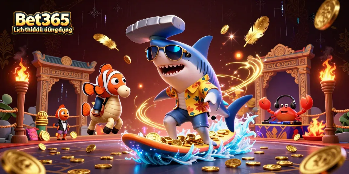 Bet365Lịchthiđấuứngdụng showcases a lively casino scene with a shark, clownfish, and crab DJ among golden coins and game elements.