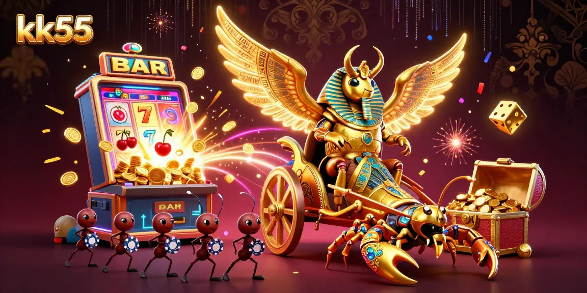 Engage with kk55's thrilling slot experience amidst a dazzling explosion of casino symbols and gold.