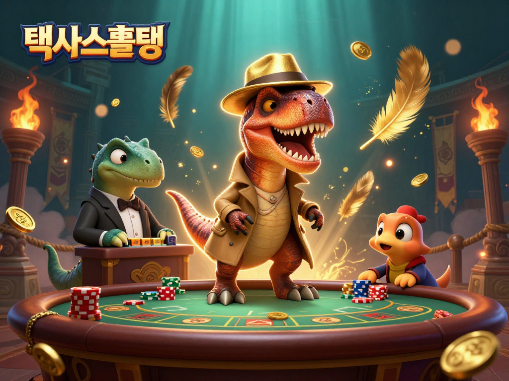 텍사스홀덤에서 덱을 설정하고 카드 조작을 시도하는 공룡 캐릭터 일러스트