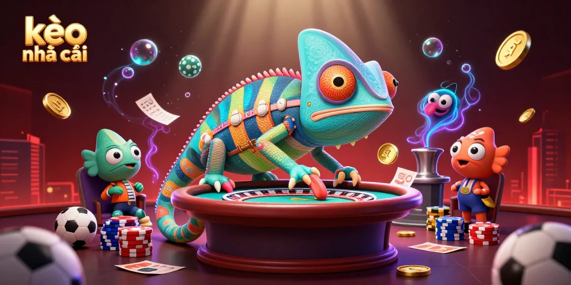 Experience the thrill of kèo nhà cái with a vibrant chameleon casino owner amidst sports elements.