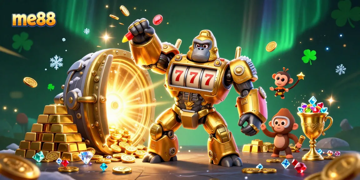 Experience thrilling wins at me88 with a powerful golden gorilla mech surrounded by treasures.