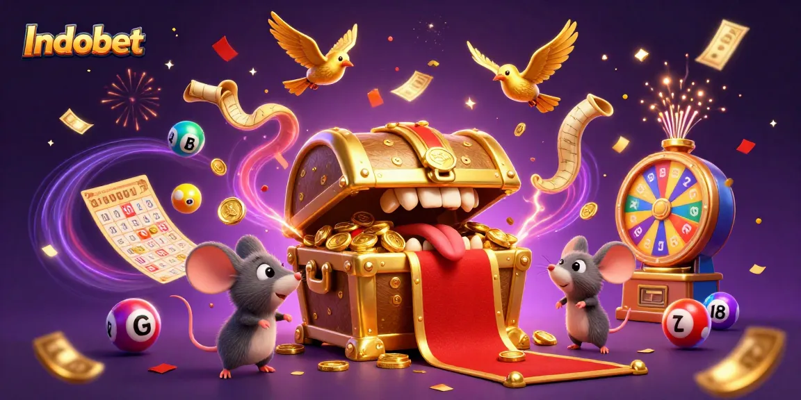 Permainan seru Indobet dengan peti harta karun yang menggiurkan dan bola lotere berwarna-warni.