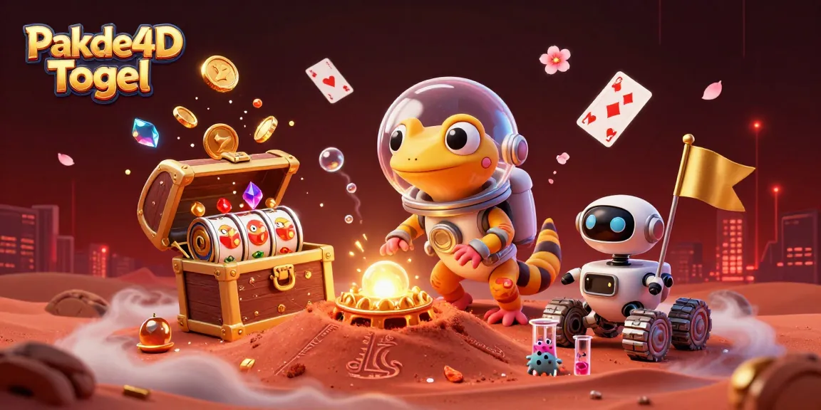 Experience the thrill of Pakde4D Togel with a Martian gecko exploring a golden casino in this vibrant illustration.