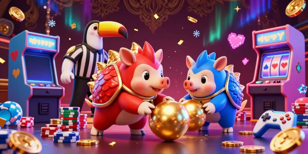Engage with totojitu as rival pangolins roll golden balls and bowl through poker chips in this vibrant casino scene.