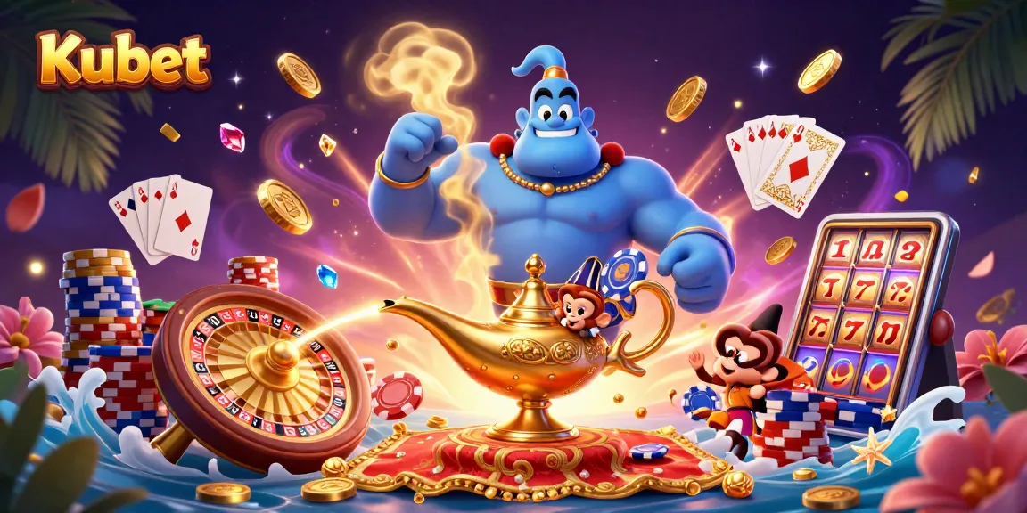 Kubet menampilkan permainan slot dan kasino langsung dengan ilustrasi magis penuh warna.