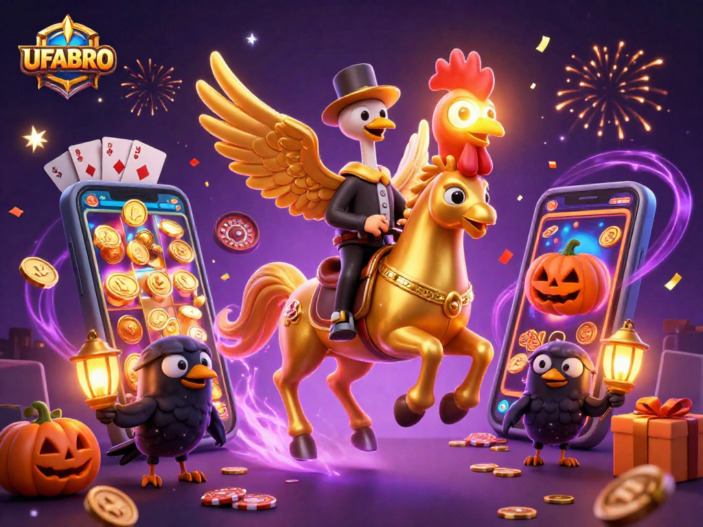 Engage with UFABRO's golden rooster riding through a mesmerizing casino atmosphere.