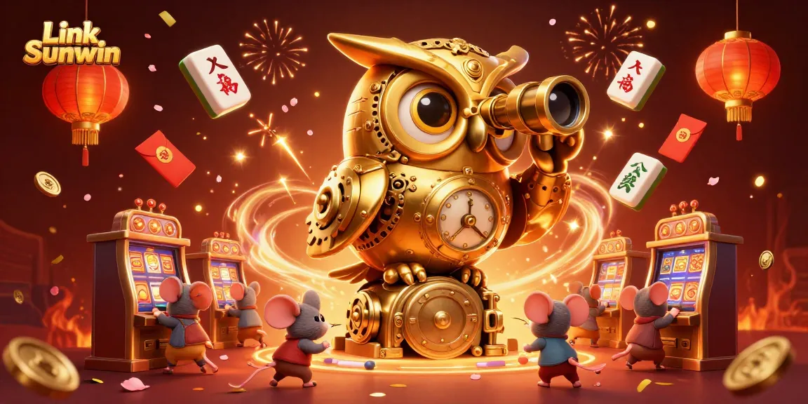 Experience exciting gameplay and winning strategies with Link Sunwin at this vibrant online casino scene featuring a clockwork owl.