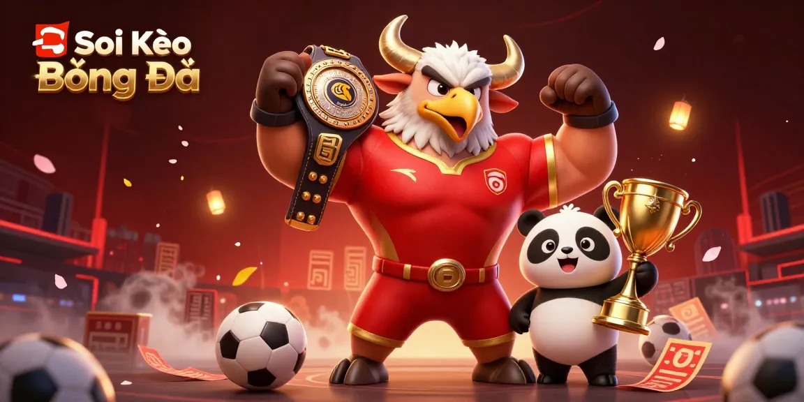 Soi Kèo Bóng Đá showcases an energetic scene with mascots celebrating victory amidst sports betting elements and casino ambiance.