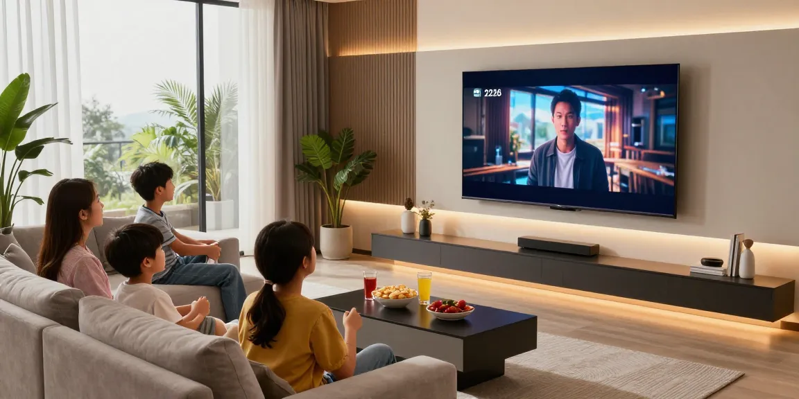 Family enjoying a movie night on a smart TV 2026, cozy living room with modern decor and ambient lighting.