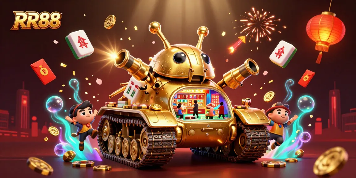 Experience RR88's vibrant casino world with golden beetle tank, dynamic game elements, and festive atmosphere.