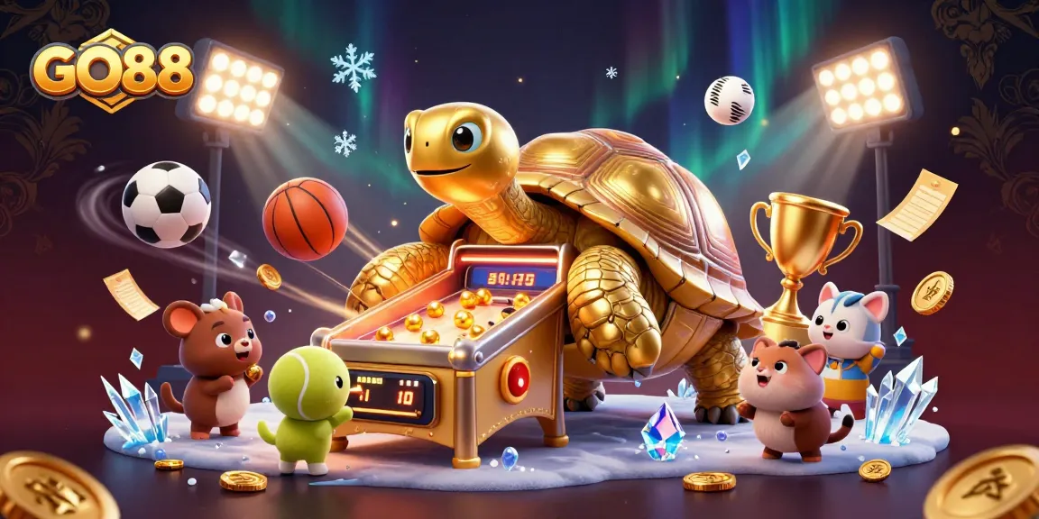 Experience exhilarating gameplay on GO88 with a vibrant scene featuring a colossal tortoise game machine and animated sports elements.
