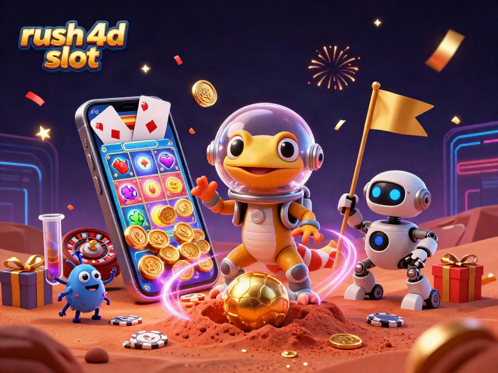 Jelajahi Rush 4D Slot dengan Gexko Mars yang Menemukan Kasino Emas di Pasir Merah, Sambil Dikelilingi Keseruan Permainan.