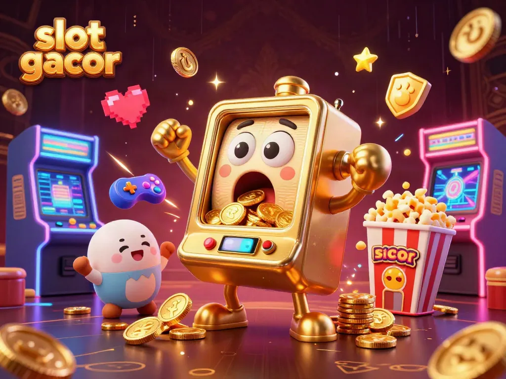 Spin the slot gacor as gold coins rain down amidst cheering machines and vibrant arcade elements.