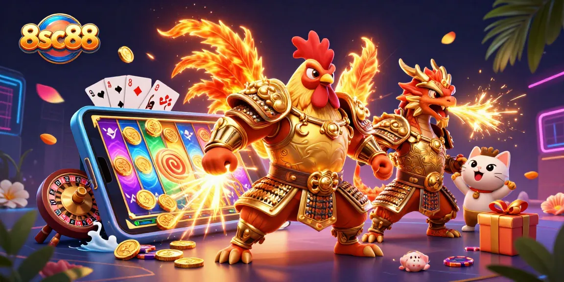 Experience the thrilling gaming action at 8sc88, featuring captivating characters amidst vibrant casino elements.