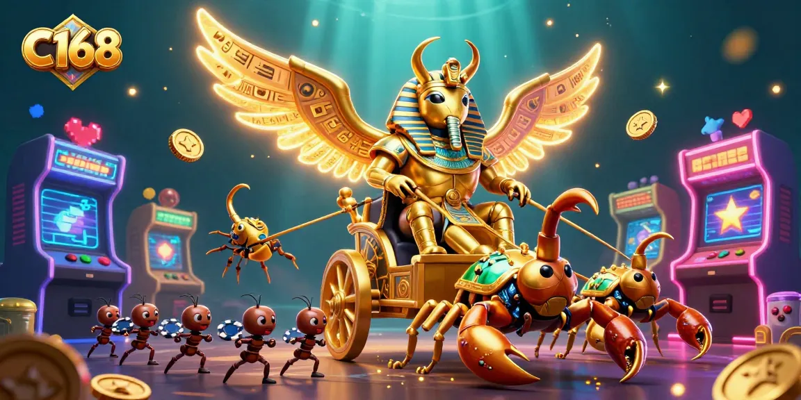Engage with C168's thrilling games featuring a colossal scarab beetle amidst dazzling casino elements.