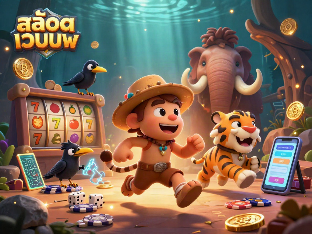 Engage with สล็อตเว็บตรง in a prehistoric casino scene, featuring whimsical characters and crypto elements.