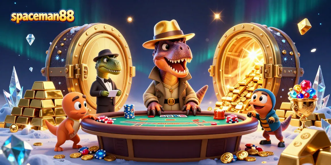 Win big at spaceman88 with cartoon characters in a vibrant and dynamic casino scene filled with treasures and excitement.