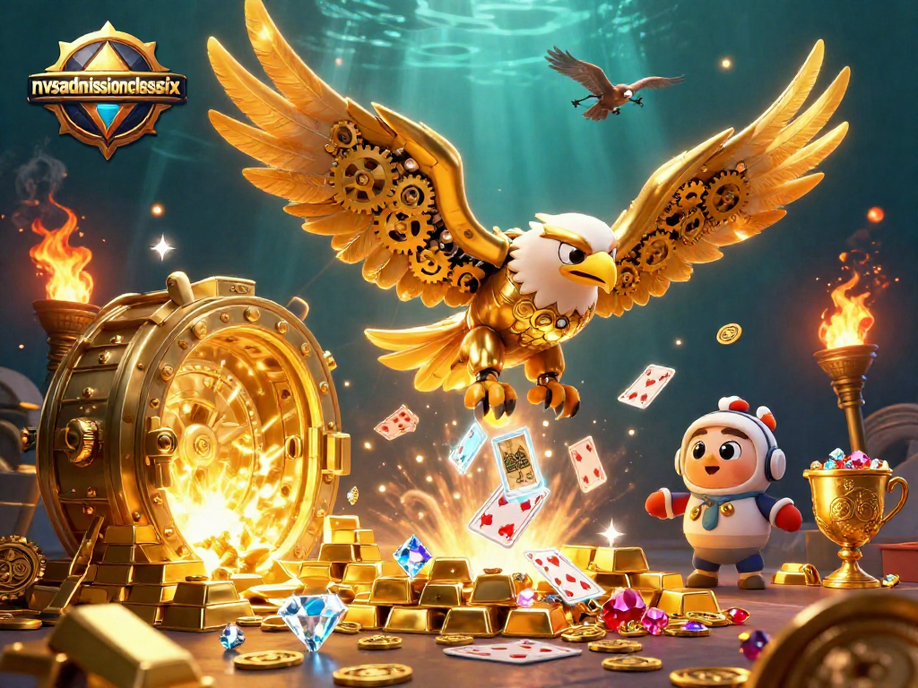 nvsadmissionclasssix showcases a vibrant 3D illustration of a golden eagle diving through holographic cards in a casino-themed environment.