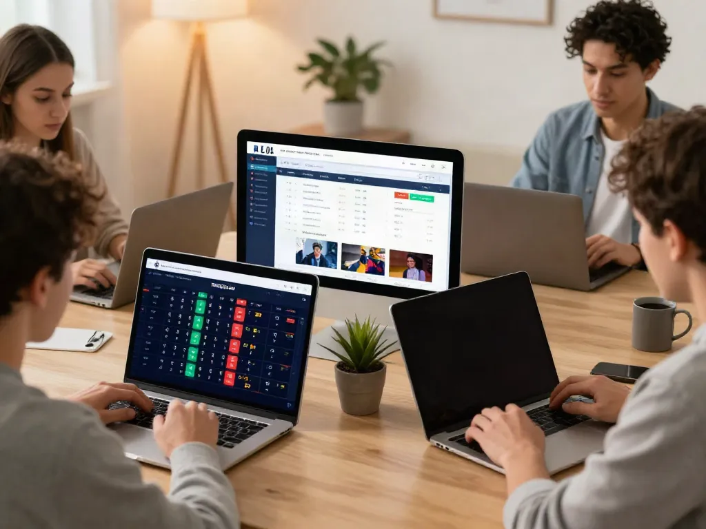 Engaged players using unsurtoto gambling platform on various devices in a modern setting.