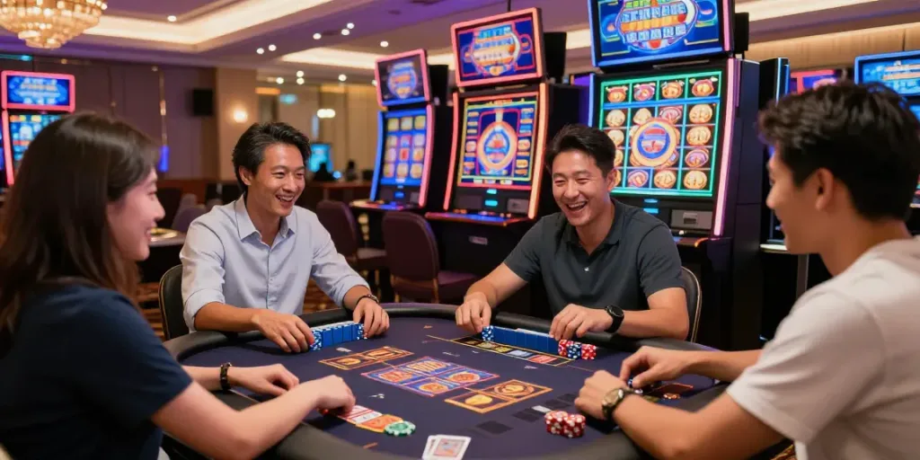 Permainan slot Mahjong dengan pemain bersemangat di kasino, chip dan mesin slot yang mencolok.