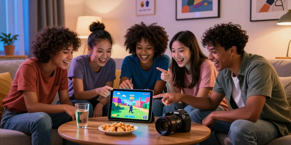 Friends enjoying the best game 3 Patti Blue on a tablet in a cozy living room.