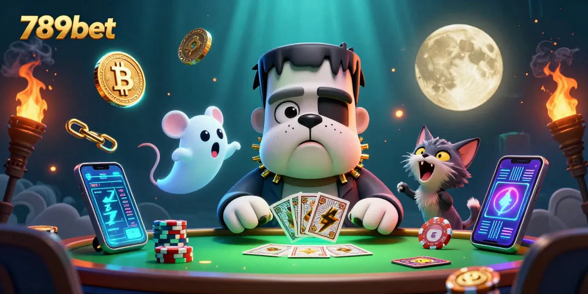 Engage with 789bet's thrilling carnival featuring a Frankenstein bulldog dealer amidst glowing casino elements.