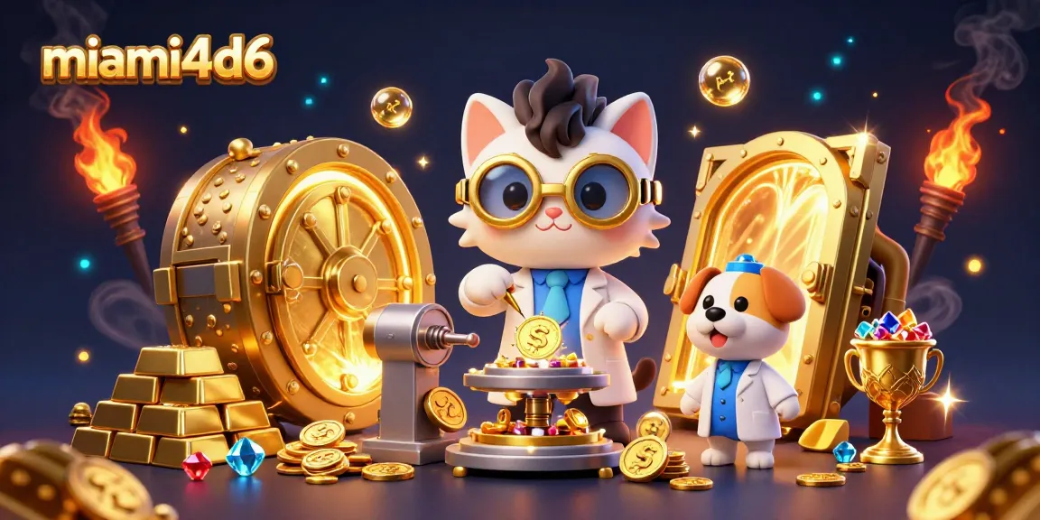 Join the excitement at miami4d6 with a vibrant 3D illustration of gaming action and gold treasures.